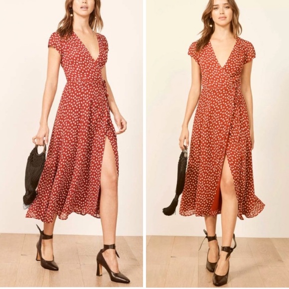 Reformation Dresses & Skirts - Reformation Red floral wrap Midi Dress